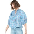 thumbnail image 1 of Women's Sky Blue Floral Striped Print Tie Shirred Neck Blouse with Puff Sleeves - [ZhiHiMeRi] | (US 12-14)L, 1 of 12