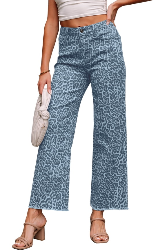 Women's Sky Blue Leopard Frayed Edge Wide Leg Jeans – Casual High Waist Denim for Daily Wear, 10