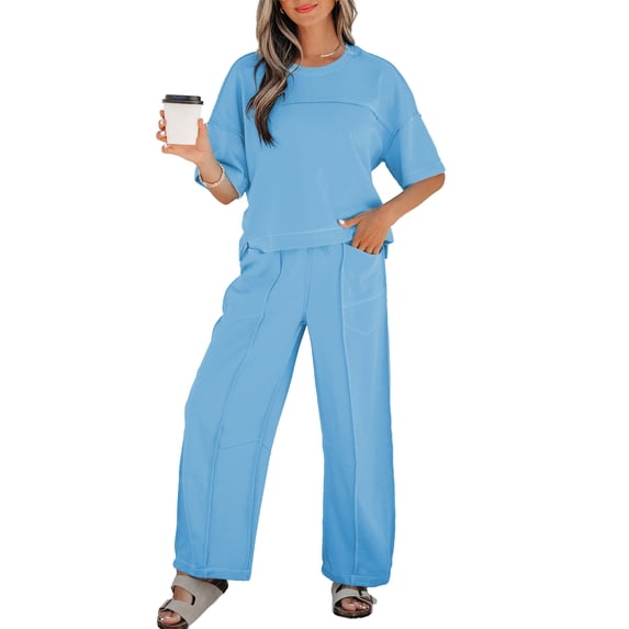 Women's Sky Blue Matching Set – Drop Shoulder Boxy Tee and High Waist Barrel Pants, S