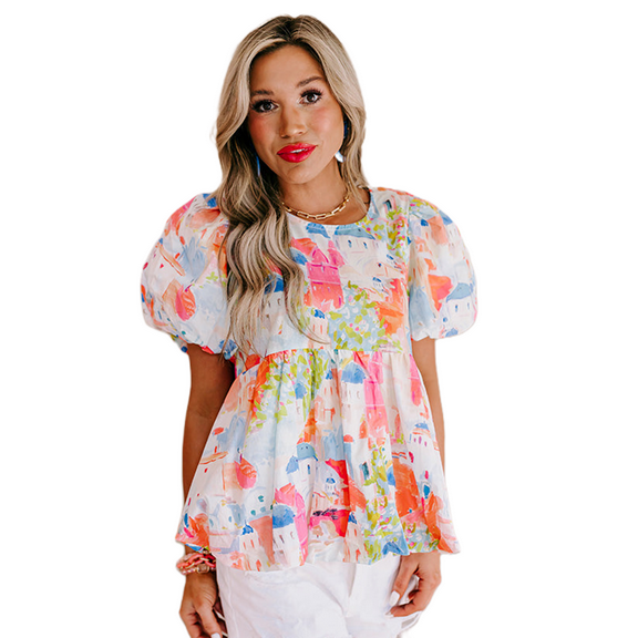 Women's Sky Blue Parisian Avenue Babydoll Top with Puff Sleeves