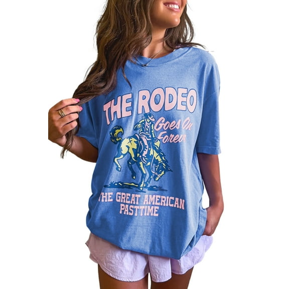 Women's Sky Blue Rodeo Forever Western Graphic Tee - Casual and Comfortable - [ZhiHiMeRi] | (US 16-18)XL