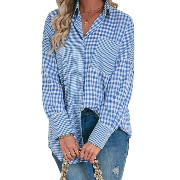 Women's Sky Blue Stripe Plaid Patchwork Button Up Long Sleeve Shirt | [ZhiHiMeRi] | (US 16-18)XL