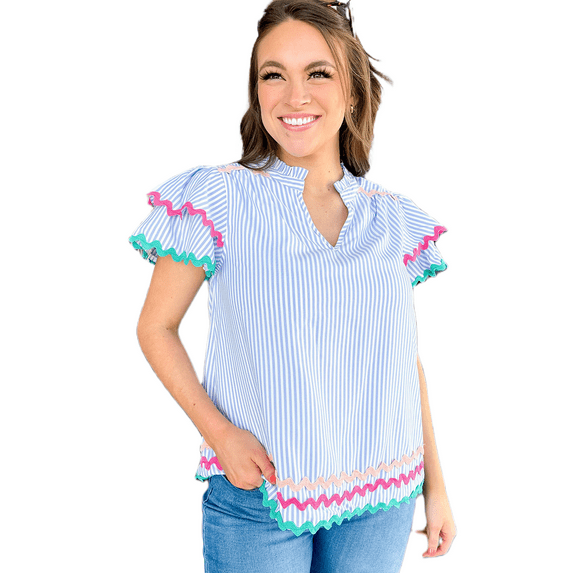 Women's Sky Blue Stripe Ruffled Sleeve Split Neck Blouse with Ric Rac Trim
