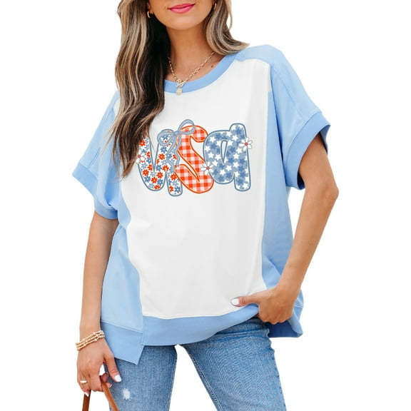 Women's Sky Blue USA Graphic Color Block Crewneck T-Shirt with Star and Plaid Design | [ZhiHiMeRi] | (US 12-14)L