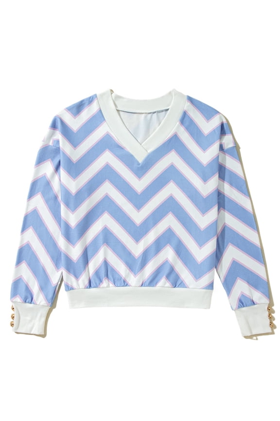 Women's Sky Blue Zigzag Striped Print V Neck Oversized Long Sleeve Top | [ZhiHiMeRi] | (US 16-18)XL
