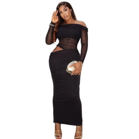 Women's Slash Neck Long Raglan Sleeve Hollow-Out Asymmetrical Hips Wrapped Long Dress, Gauze Spliced, Slight Perspective, Sexy