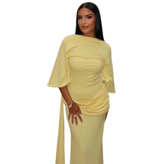 Women's Slash Neck Short Sleeve Backless Pleated Bandage Split Hips Wrapped Roose Long Dress, Solid Color, Sexy