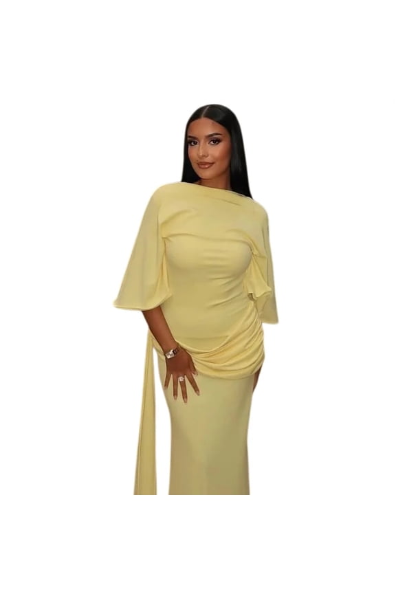 Women's Slash Neck Short Sleeve Backless Pleated Bandage Split Hips Wrapped Roose Long Dress, Solid Color, Sexy