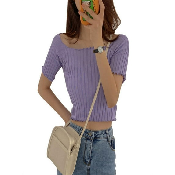 Women's Slash Neck Solid Short Sleeve Knitted Ruffles Crop Top