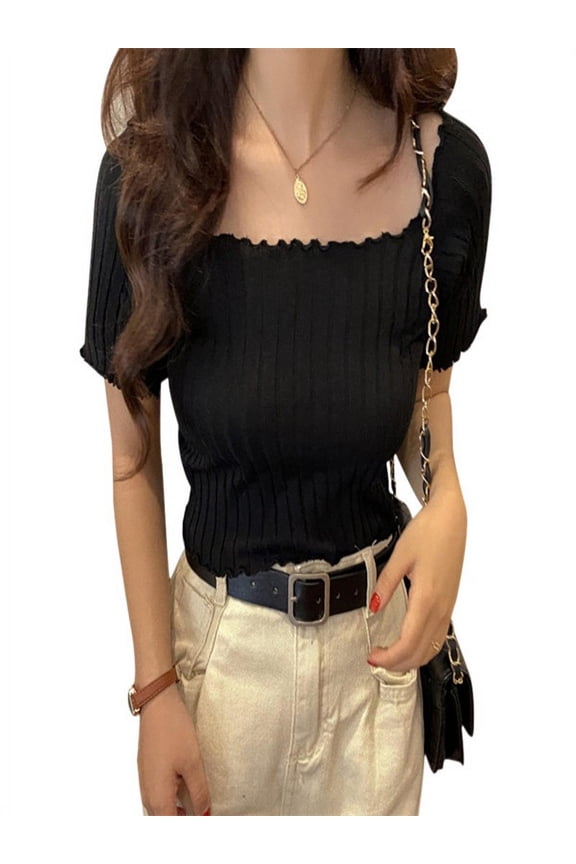 Women's Slash Neck Solid Short Sleeve Knitted Ruffles Crop Top