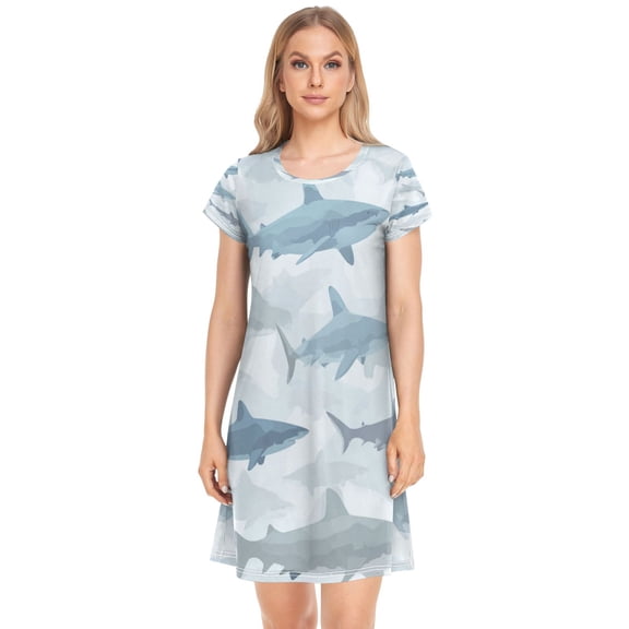 Women's Sleep Dress Nightgown with Short Sleeves Blue and Gray Sharks Pattern Sleepwear Sizes S-2X