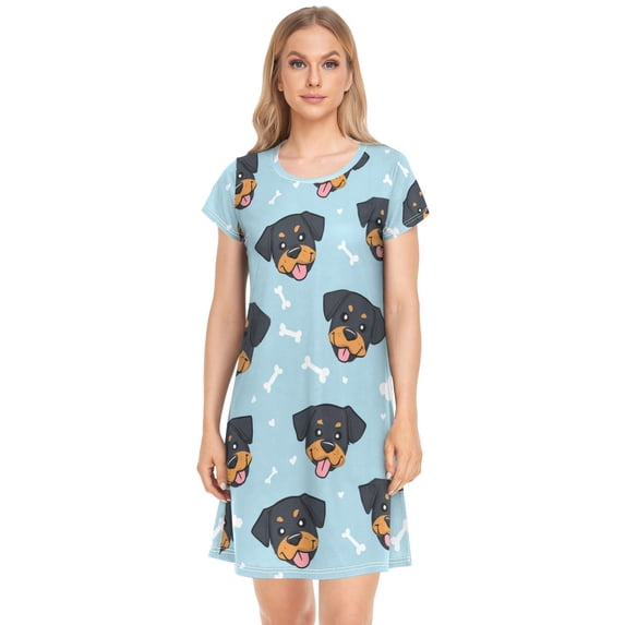 Women's Sleep Dress Nightgown with Short Sleeves Cartoon Dog Faces and Bones Sleepwear Sizes S-2X