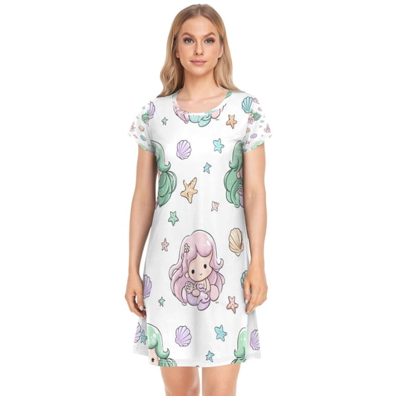 Women's Sleep Dress Nightgown with Short Sleeves Cute Mermaid Pattern Sleepwear Sizes S-2X