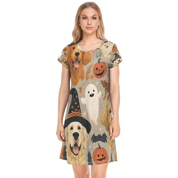 Women's Sleep Dress Nightgown with Short Sleeves Halloween Dog Pattern Sleepwear Sizes S-2X