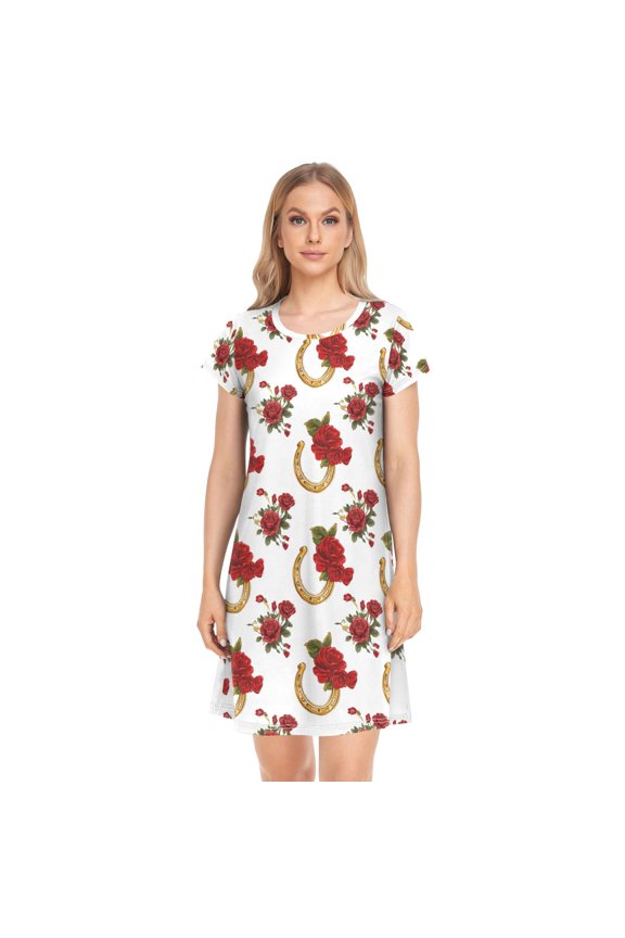 Women's Sleep Dress Nightgown with Short Sleeves Horseshoe Pattern with Red Roses Sleepwear X-Large