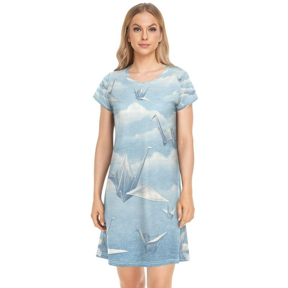 Women's Sleep Dress Nightgown with Short Sleeves Light Blue Paper Cranes Sleepwear Sizes S-2X