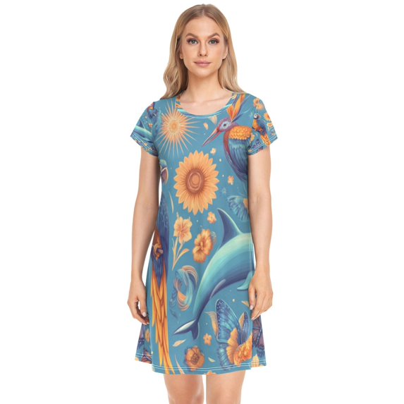 Women's Sleep Dress Nightgown with Short Sleeves Parrots and Butterflies Pattern Sleepwear Sizes S-2X