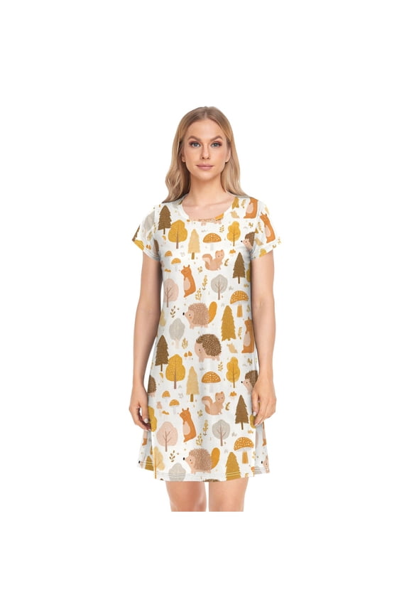 Women's Sleep Dress Nightgown with Short Sleeves Pastel Orange Forest Animals Sleepwear Medium