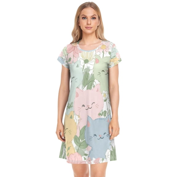 Women's Sleep Dress Nightgown with Short Sleeves Pastel-colored Cats and Flowers Sleepwear Sizes S-2X