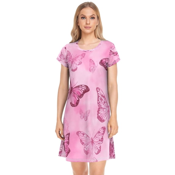 Women's Sleep Dress Nightgown with Short Sleeves Pink Butterfly Pattern Sleepwear Sizes S-2X