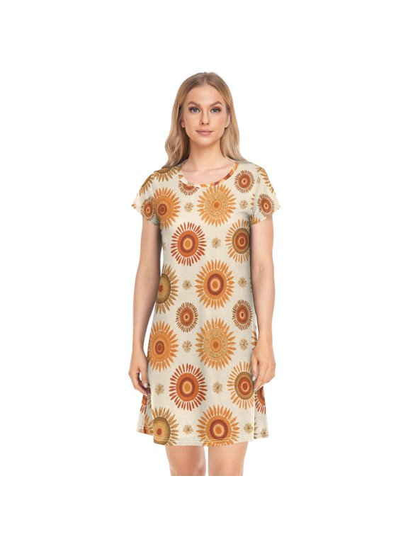 Women's Sleep Dress Nightgown with Short Sleeves Repeating Sun Pattern Sleepwear Large