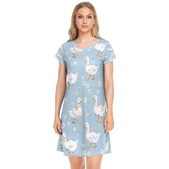 Women's Sleep Dress Nightgown with Short Sleeves Small Geese and Daisies Sleepwear Sizes S-2X