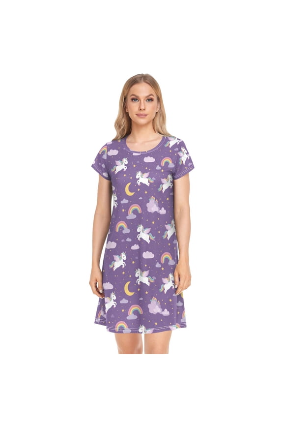 Women's Sleep Dress Nightgown with Short Sleeves Unicorns with Rainbows and Clouds Sleepwear Small