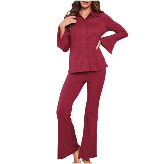 Women's Sleep Lounge Sets 2 Piece Flared Long Sleeve Button Up Shirt and Bell Bottoms Pants Pajama Set Homewear (M, Red)