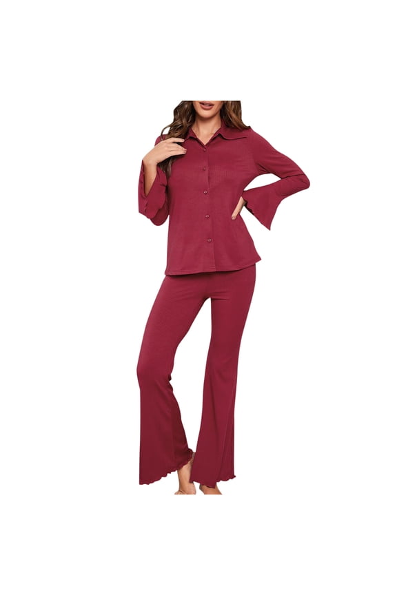 Women's Sleep Lounge Sets 2 Piece Flared Long Sleeve Button Up Shirt and Bell Bottoms Pants Pajama Set Homewear (M, Red)