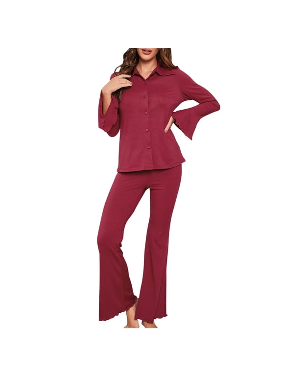 Women's Sleep Lounge Sets 2 Piece Flared Long Sleeve Button Up Shirt and Bell Bottoms Pants Pajama Set Homewear (Small, Red)