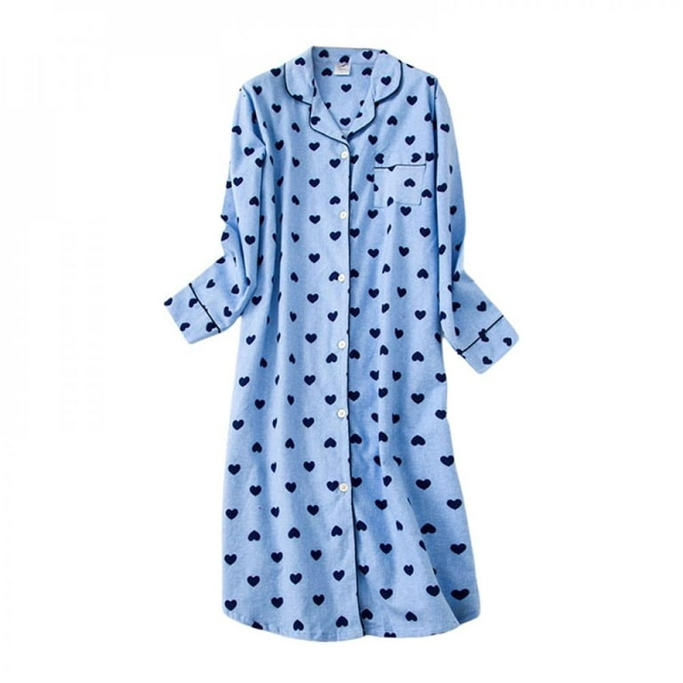 Women's Cotton Sleep Shirt, Long Sleeve Button-down Nightshirt Flannel Night  Shirt,l, Blue Superb