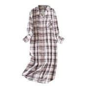 WBQ Women's Sleep Shirt Flannel Print Pajama Top Button-Front Nightshirt Sleepwear,Long Sleeve Boyfriend Nightdress Midi Length Cotton Comfy Nightgown,M-2XL Gray