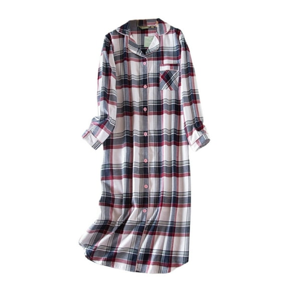 Women's Sleep Shirt Flannel Print Pajama Top Button-Front Nightshirt Sleepwear,Long Sleeve Boyfriend Nightdress Midi Length Cotton Comfy Nightgown,M-2XL White