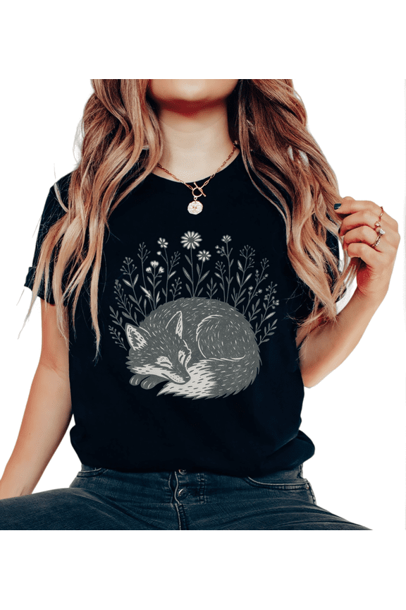 Women's Sleeping Fox Floral Graphic Cotton T Shirt Casual Breathable Short Sleeve Round Neck Top Black S-5XL