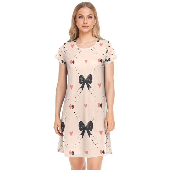 Women's Sleepshirts Black Bows Pattern Nightgowns Sleep for Women Soft House Dresses Night Gown for Ladies