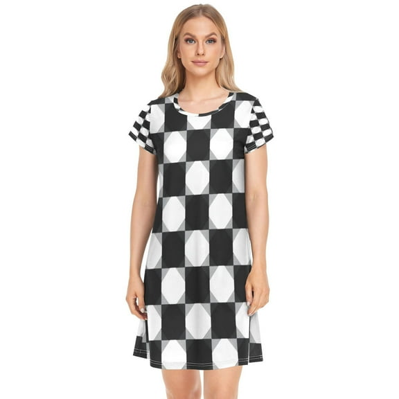 Women's Sleepshirts Black and White Gingham Pattern Nightgowns Sleep for Women Soft House Dresses Night Gown for Ladies