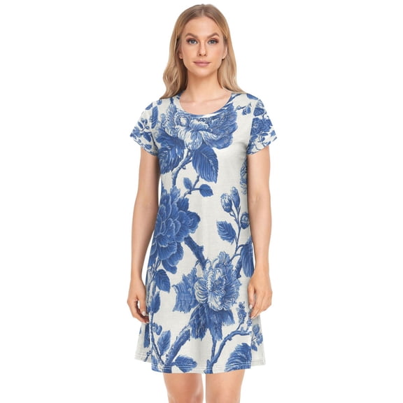 Women's Sleepshirts Blue Floral Nightgowns Sleep for Women Soft House Dresses Night Gown for Ladies