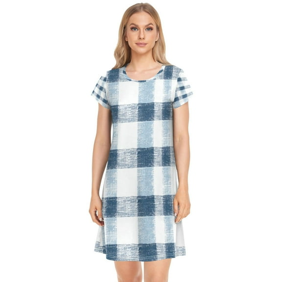 Women's Sleepshirts Blue and White Checkered Nightgowns Sleep for Women Soft House Dresses Night Gown for Ladies