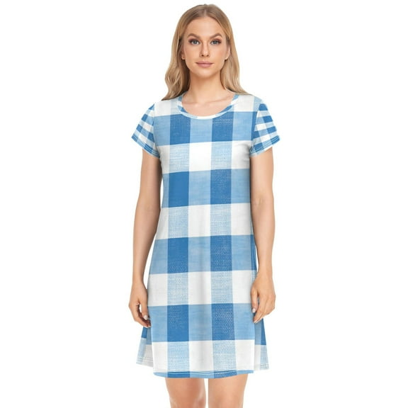 Women's Sleepshirts Blue and White Checkered Pattern Nightgowns Sleep for Women Soft House Dresses Night Gown for Ladies