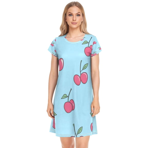 Women's Sleepshirts Cartoon Cherry Pattern Nightgowns Sleep for Women Soft House Dresses Night Gown for Ladies