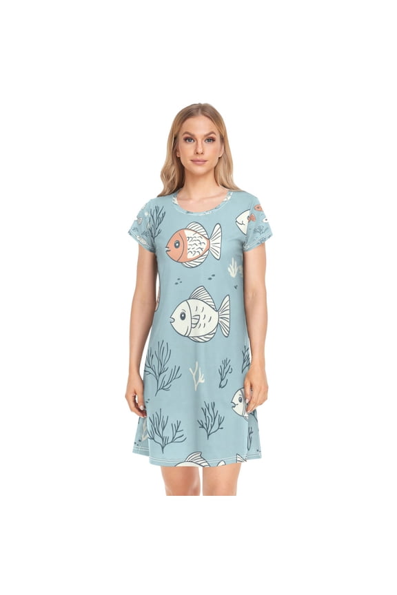Women's Sleepshirts Cartoon Fish Nightgowns Sleep for Women Soft House Dresses Night Gown for Ladies