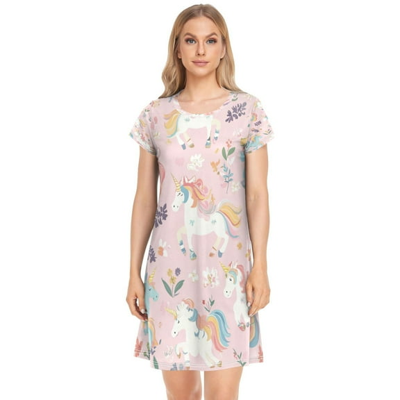 Women's Sleepshirts Cartoon Unicorns Pattern Nightgowns Sleep for Women Soft House Dresses Night Gown for Ladies