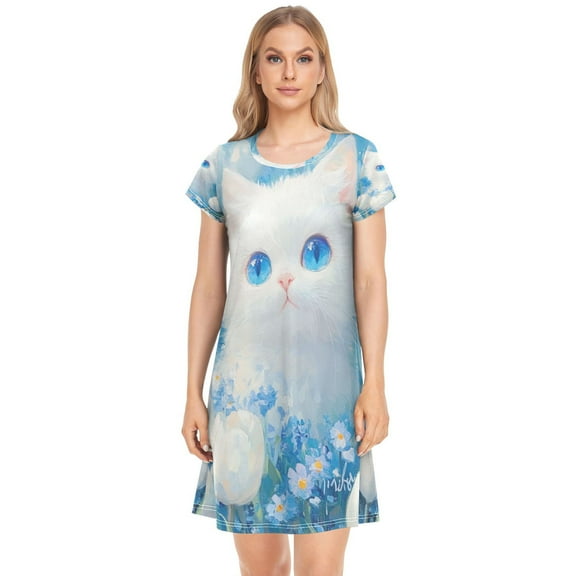 Women's Sleepshirts Cat with Blue Eyes Nightgowns Sleep for Women Soft House Dresses Night Gown for Ladies