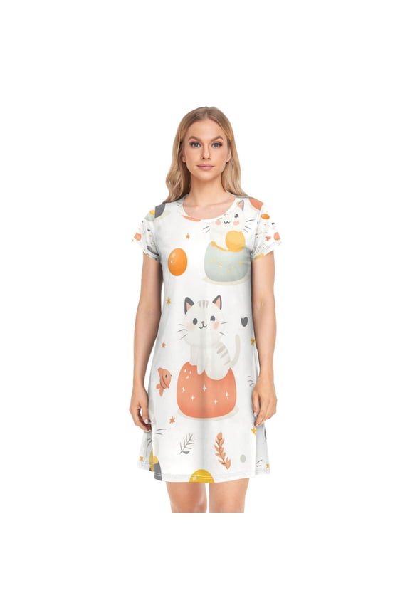 Women's Sleepshirts Cats and Fish Pattern Nightgowns Sleep for Women Soft House Dresses Night Gown for Ladies