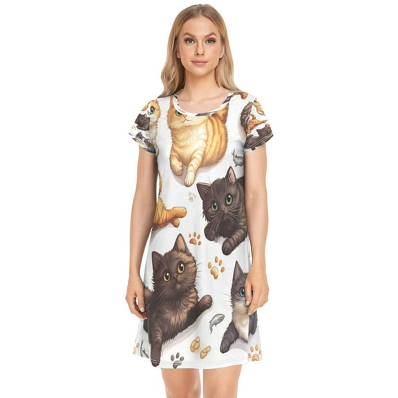 Women's Sleepshirts Colorful Cartoon Cats Nightgowns Sleep for Women Soft House Dresses Night Gown for Ladies