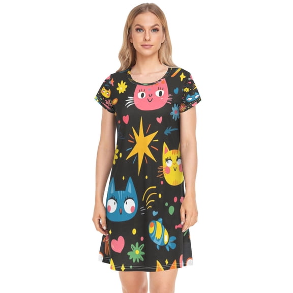 Women's Sleepshirts Colorful Cartoon Patterns Nightgowns Sleep for Women Soft House Dresses Night Gown for Ladies