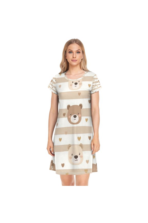 Women's Sleepshirts Cute Bear Face Pattern Nightgowns Sleep for Women Soft House Dresses Night Gown for Ladies