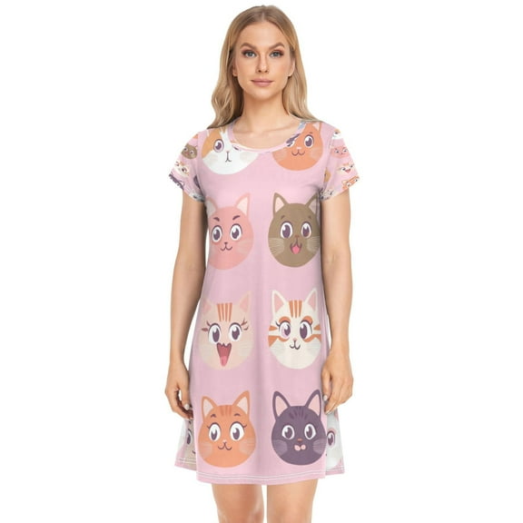 Women's Sleepshirts Cute Cat Face Pattern Nightgowns Sleep for Women Soft House Dresses Night Gown for Ladies