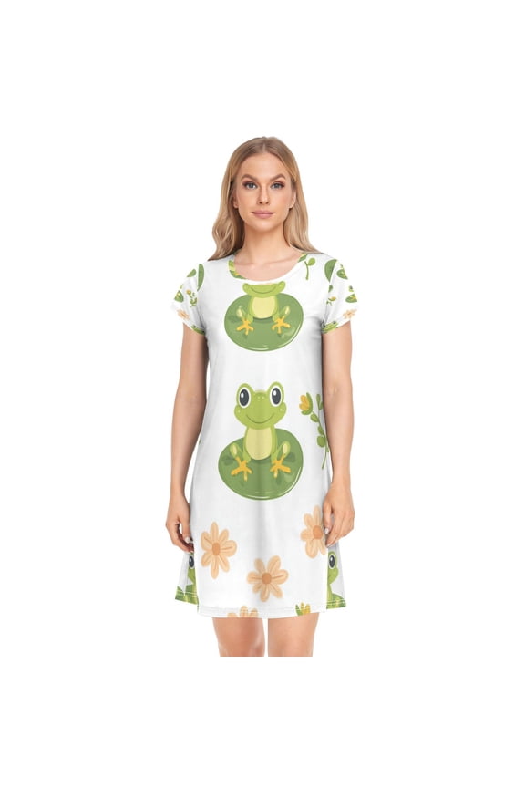 Women's Sleepshirts Cute Frog Pattern Nightgowns Sleep for Women Soft House Dresses Night Gown for Ladies