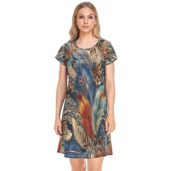Women's Sleepshirts Feathers and Leopard Print Nightgowns Sleep for Women Soft House Dresses Night Gown for Ladies